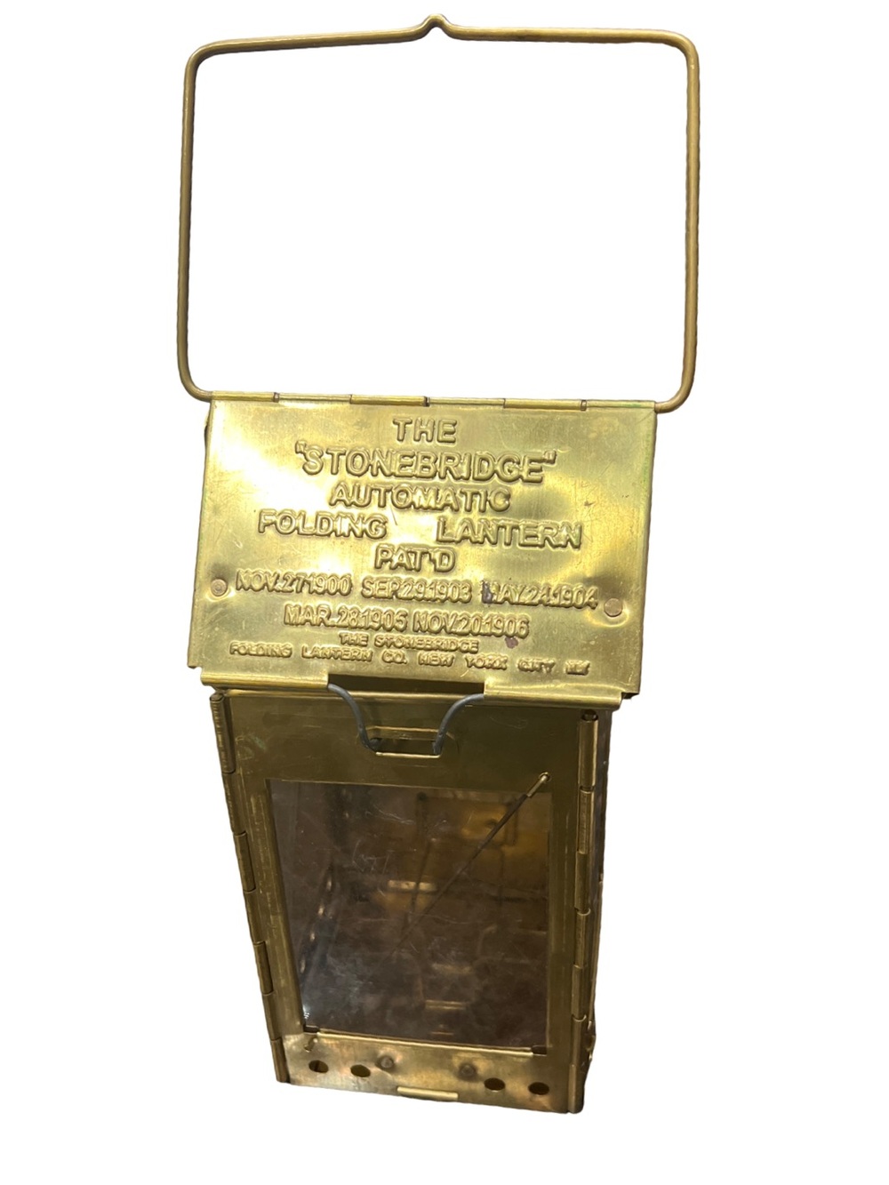 Vintage Stonebridge NYC Folding Brass  Candle Lantern w/ Mica Windows, 1900's